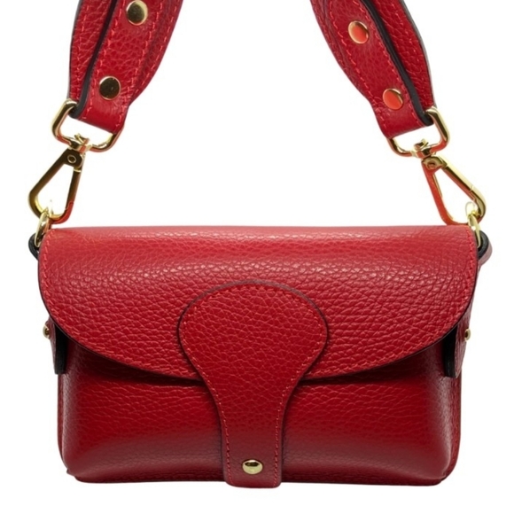 Vera Pelle Handbags - Vera Pelle Genuine Leather Red Crossbody Bag Adjustable Strap, Gold Hardware
